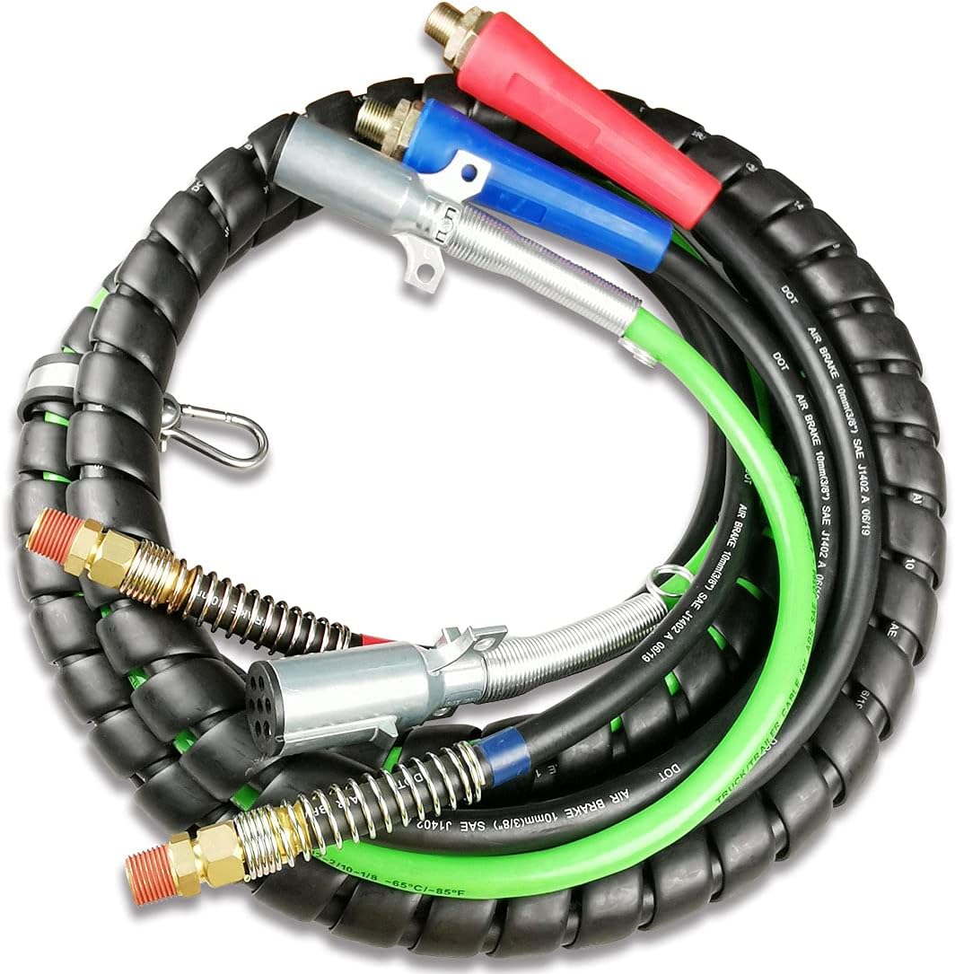 3 in 1 Spiral Wrap ABS Electrical Cord and Rubber Air Line Polyester Braided Hose Assemblies 15ft Length Wrap Set Heavy Duty 7 Way Electrical Trailer Cord I861914