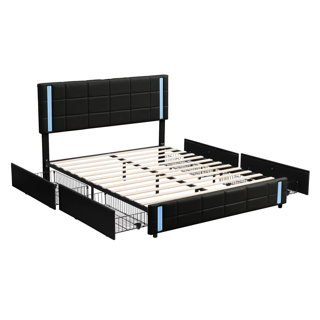 Queen Size Upholstered Platform Bed with LED Lights and USB Charging, 4 Drawers, Black Q64631