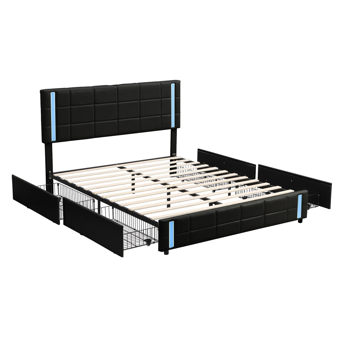 Queen Size Upholstered Platform Bed with LED Lights and USB Charging, 4 Drawers, Black Q64631