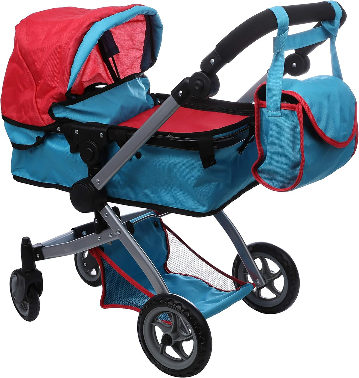 Red and Blue Deluxe Doll Pram with Swiveling Wheels and Adjustable Handle J426