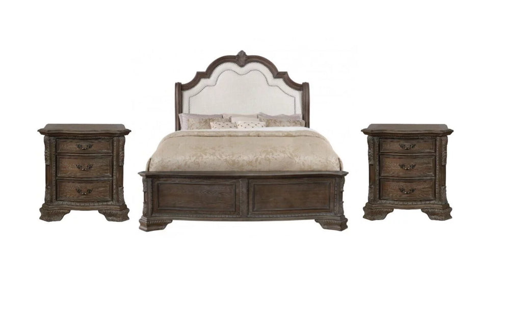 King Size 3Pc Panel Bed Nightstands Set Antique Gray Solid Wood F157