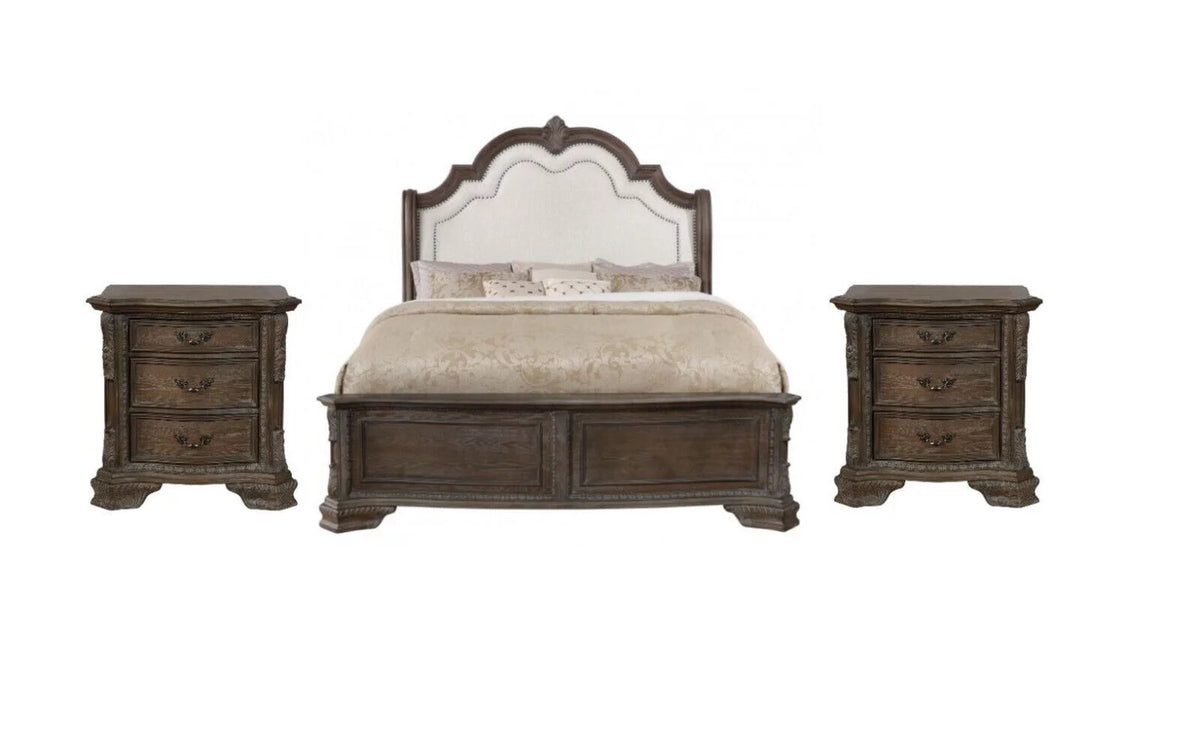 King Size 3Pc Panel Bed Nightstands Set Antique Gray Solid Wood F157