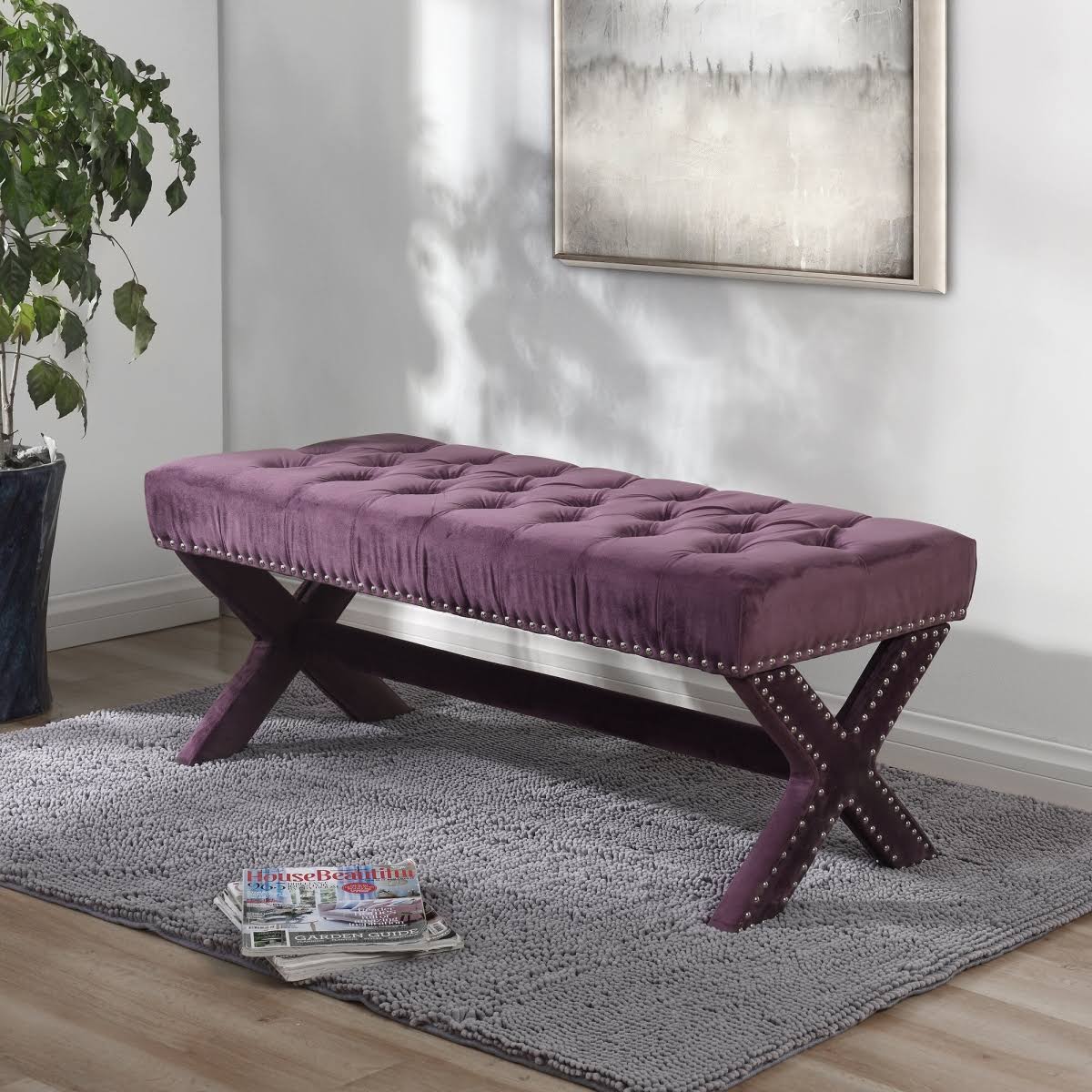 Purple Tufted Velvet Bench with Nailhead Trim L71322