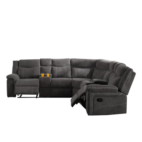 Grey Fabric Power Reclining Sectional Sofa with Cup Holders and Storage Console M5833