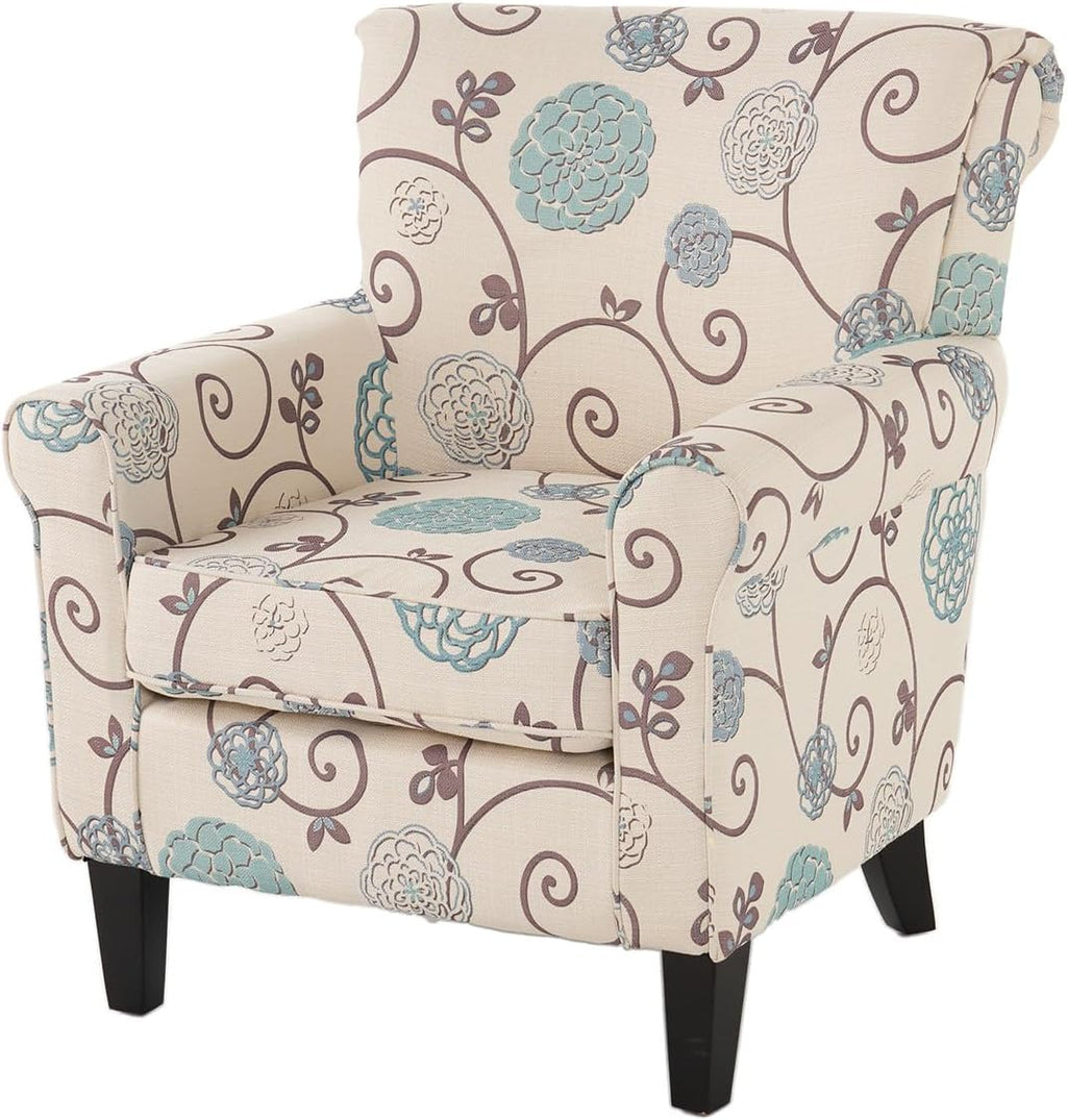 White/Blue Crushed Floral Fabric Sofa with Wooden Metal Legs J420405