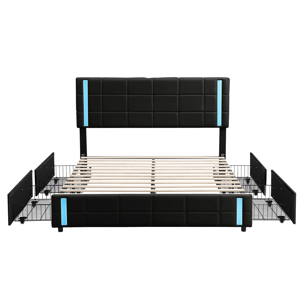 Queen Size Upholstered Platform Bed with LED Lights and USB Charging, 4 Drawers, Black Q64631