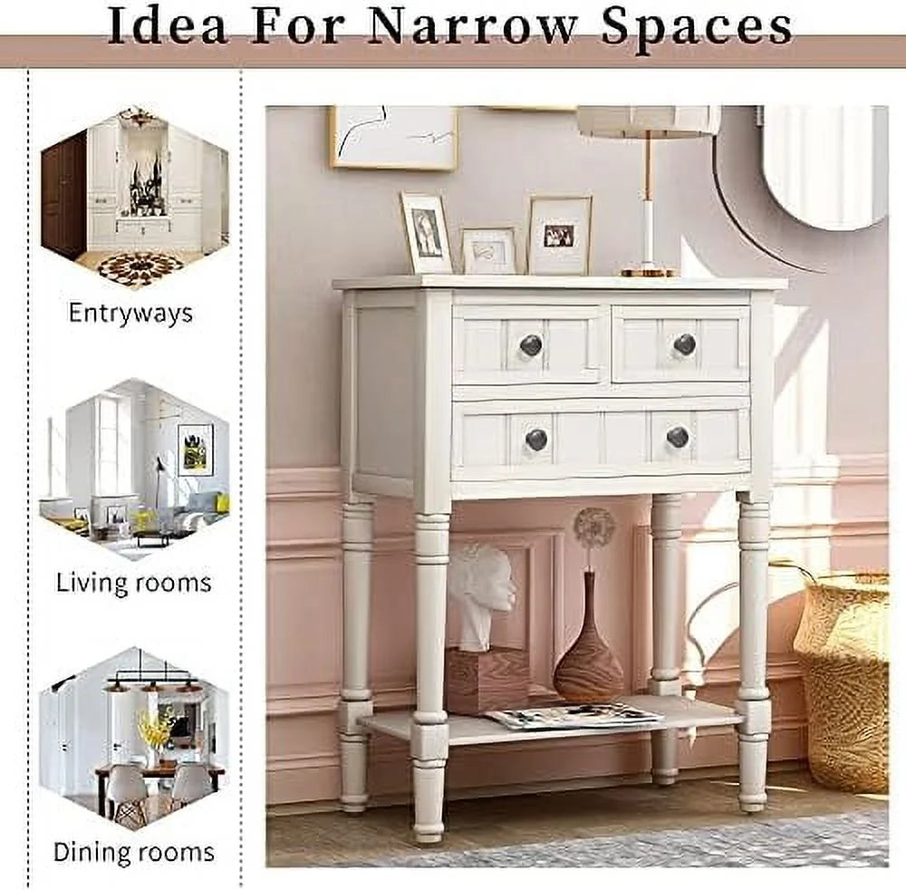 Narrow Console Sofa Table 3 Drawers Ivory White K969755