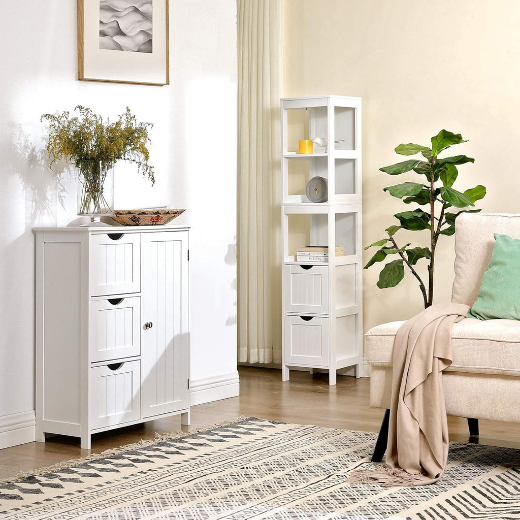 White Tall Cabinet with 2 Drawers and 3 Open Shelves P635922
