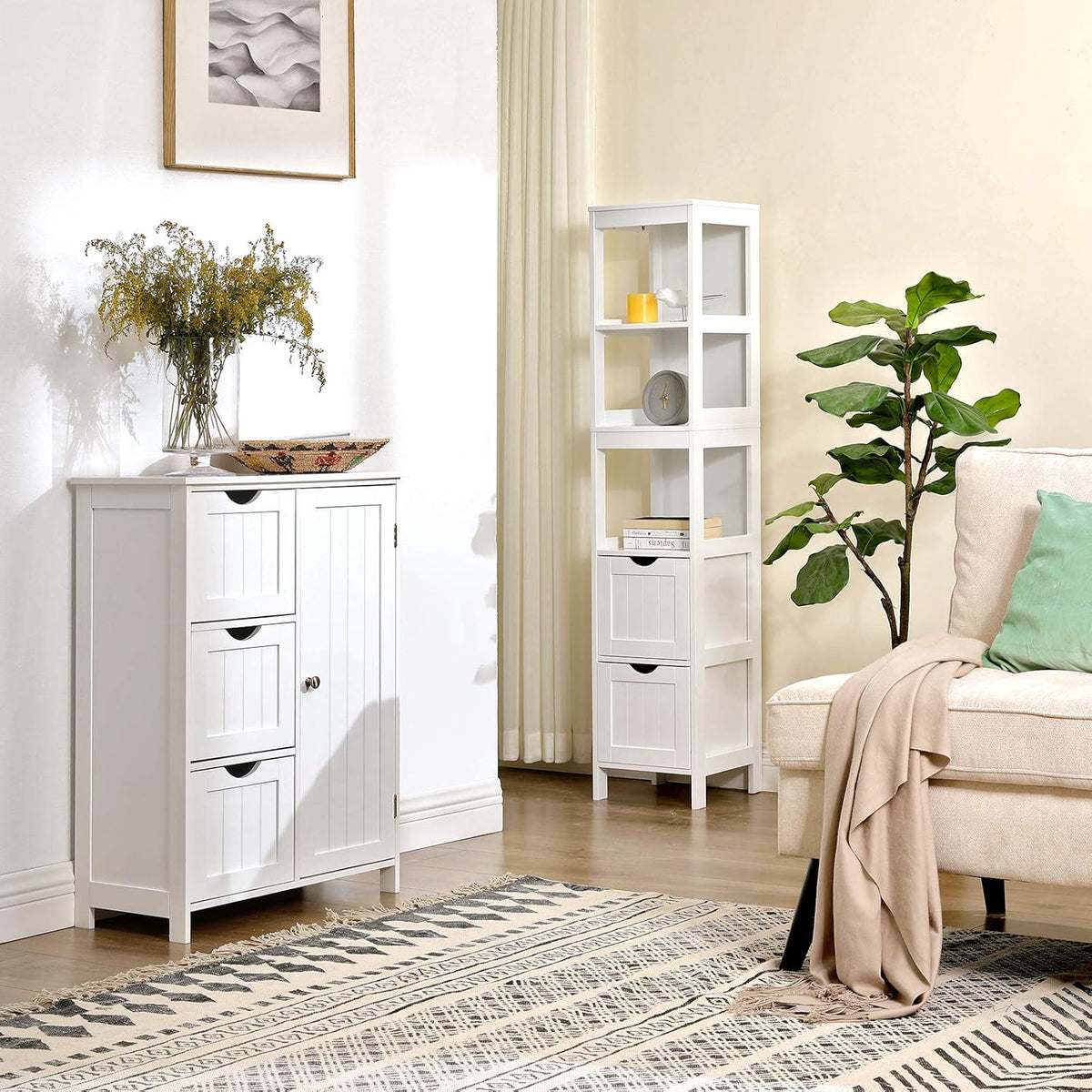 White Tall Cabinet with 2 Drawers and 3 Open Shelves P635922