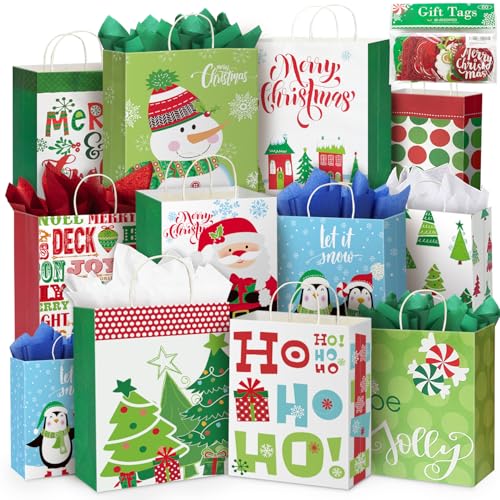 24 Christmas Gift Paper Bags Bulk with Handles and 60 Count Christmas Gift Tags X657