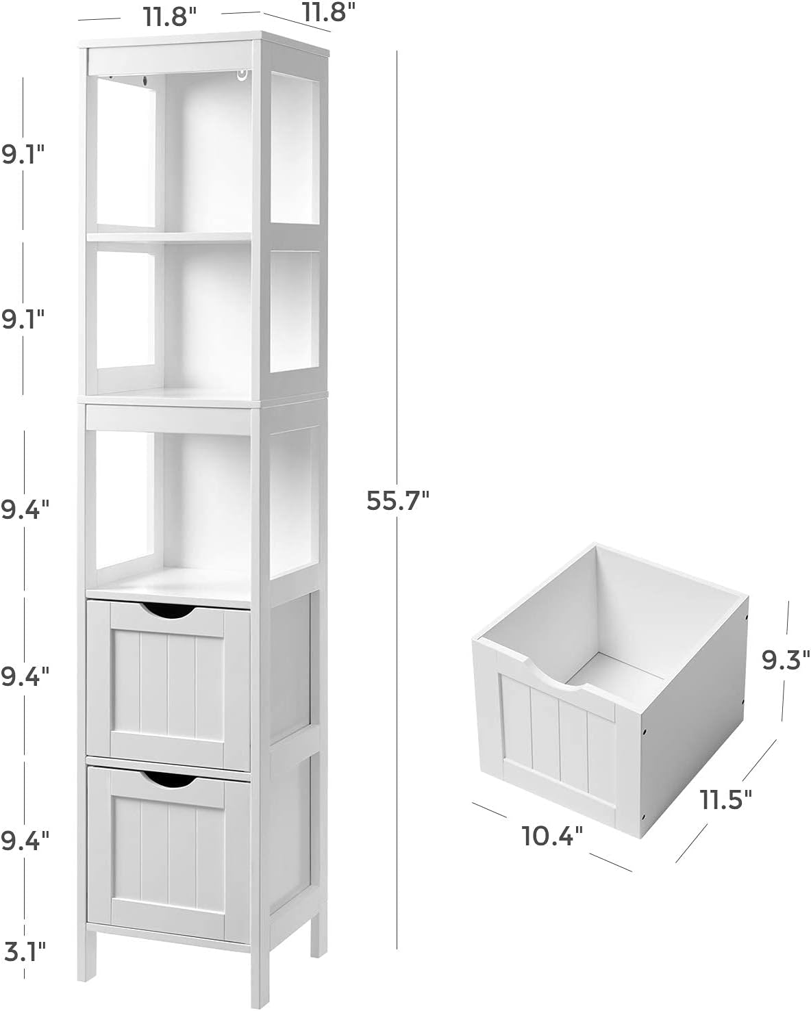 White Tall Cabinet with 2 Drawers and 3 Open Shelves P635922