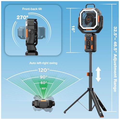20000mAh Rechargeable Battery Powered Standing Fan with LED Lanterns T64441