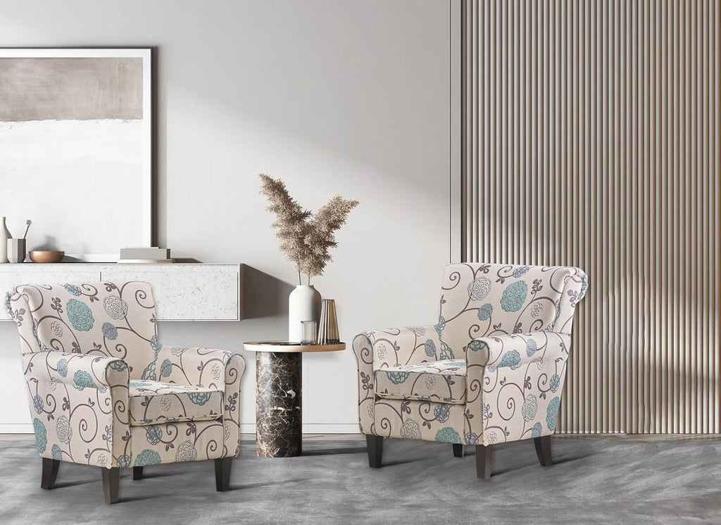 White/Blue Crushed Floral Fabric Sofa with Wooden Metal Legs J420405