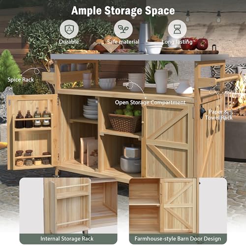 White Farmhouse Kitchen Island with Power Outlet, Drop Leaf, Spice Rack, Drawer, Rolling Cart on Wheels E418142