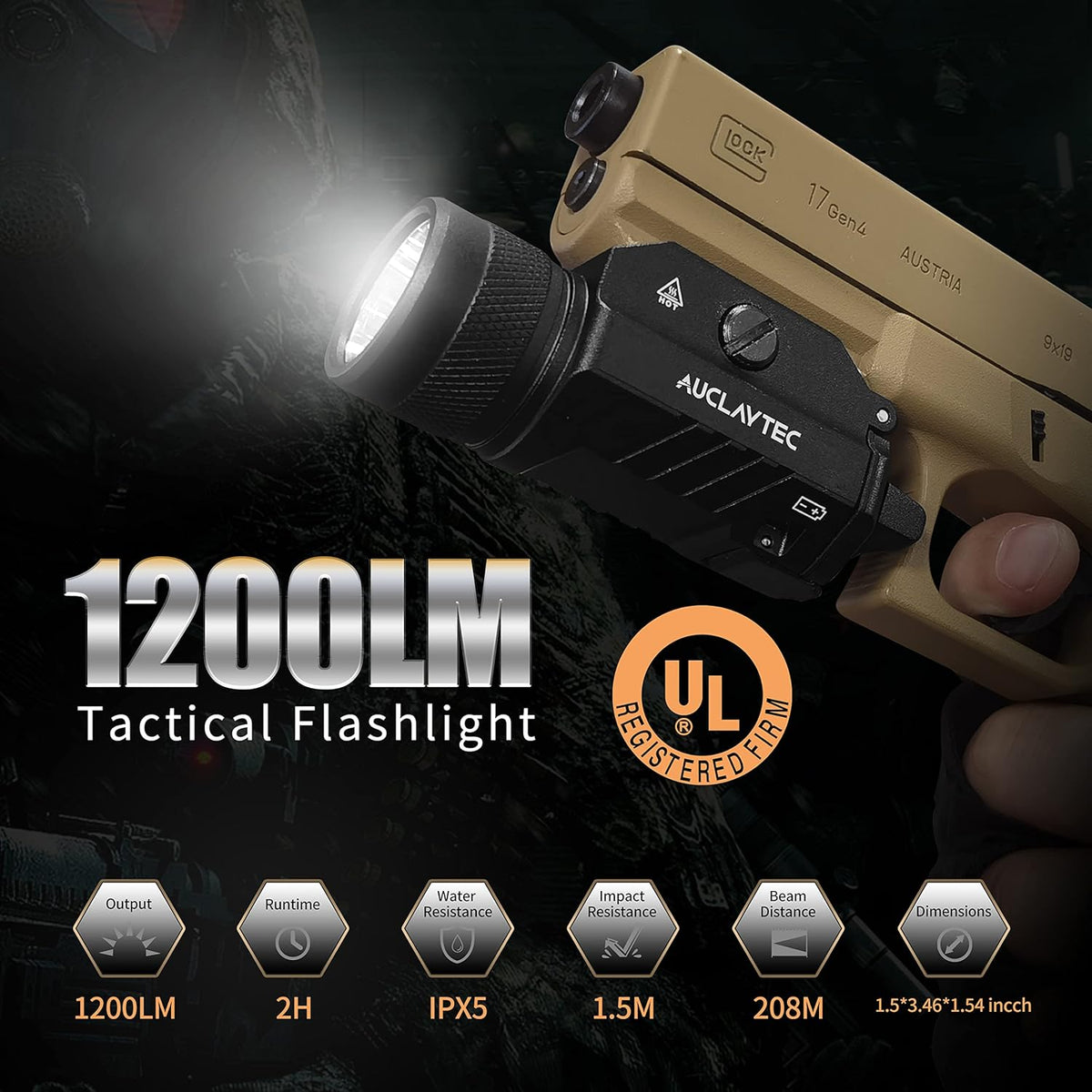 1200 Lumens Mounted Pistol Flashlight with Strobe Mode C402093