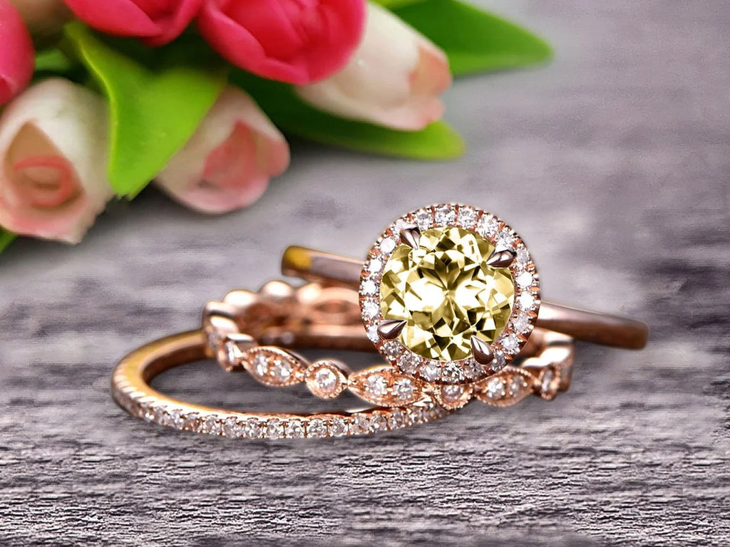 10k Rose Gold Art Deco 2.25 Carat 6mm Round Cut Champagne Diamond Moissanite Wedding Ring Set Matching Band G55817