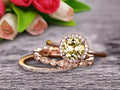 10k Rose Gold Art Deco 2.25 Carat 6mm Round Cut Champagne Diamond Moissanite Wedding Ring Set Matching Band G55817