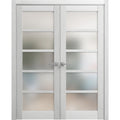 Solid French Double Doors 36 x 80 inches Light Grey Oak with Frosted Glass Wood Solid Panel Frame Trims D763