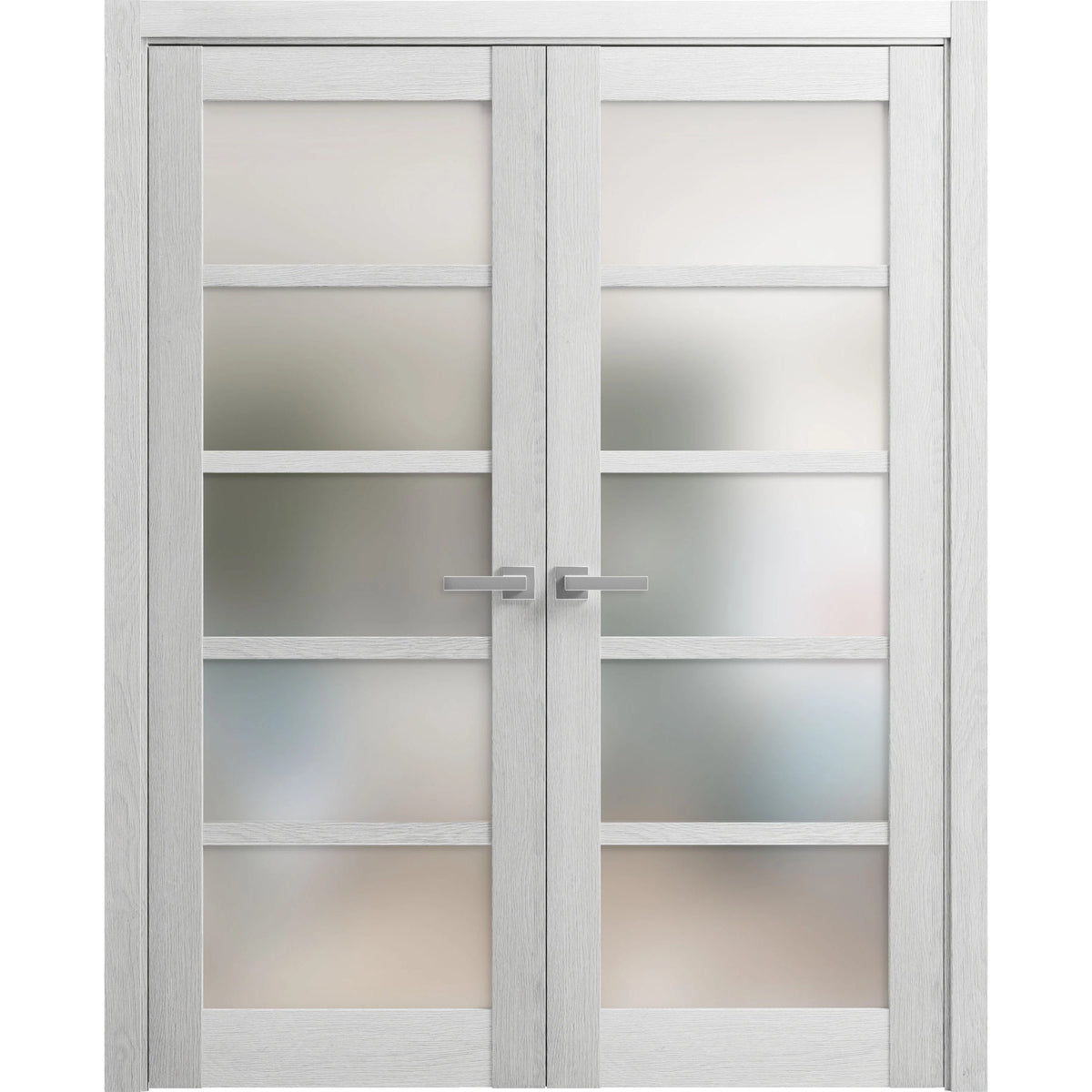 Solid French Double Doors 36 x 80 inches Light Grey Oak with Frosted Glass Wood Solid Panel Frame Trims D763