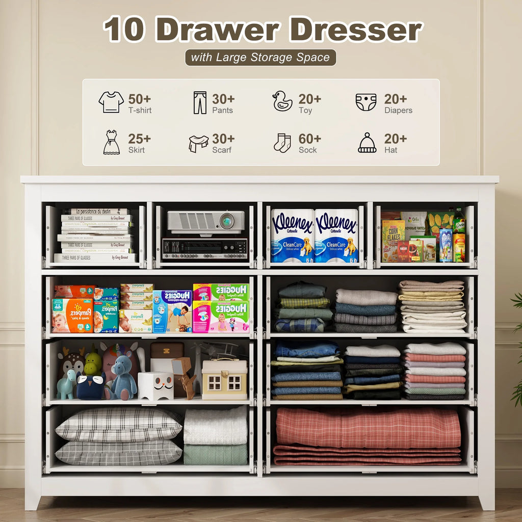 White Wood Dresser with 10 Deep Drawers G502