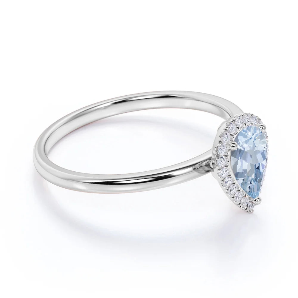 1 Carat Pear Shaped Created Aquamarine Halo Wedding Ring in 18k White Gold over Silver W90811