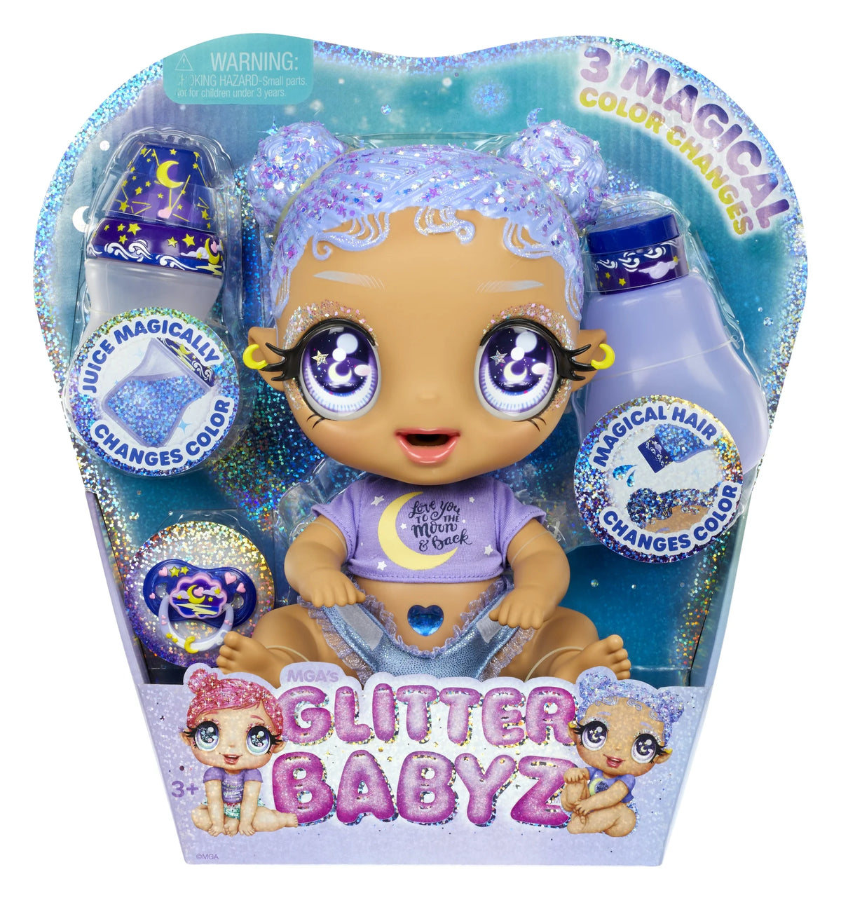Pastel Purple Glitter Hair Baby Doll with Diaper, Bottle, Pacifier Accessories A1523