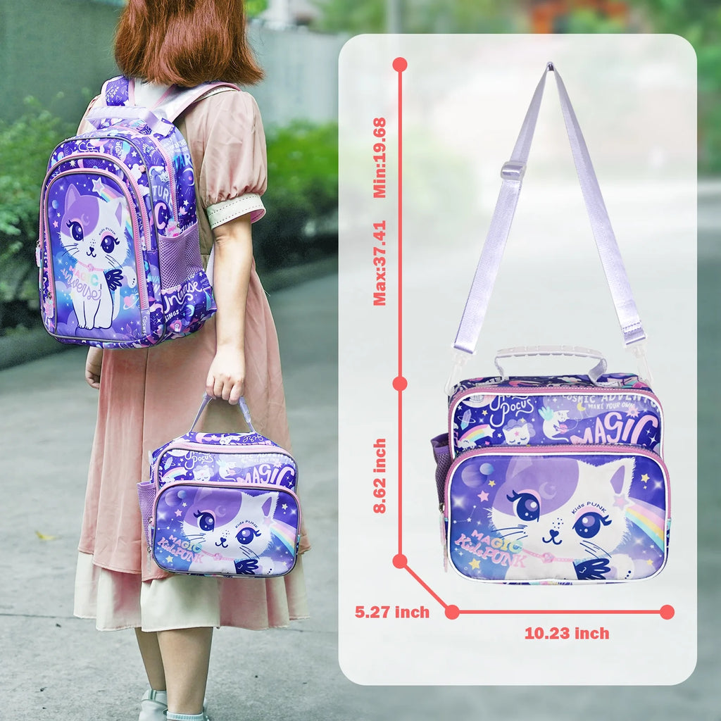 Insulated Lunch Bag for Girls School Cute Cat Waterproof with Adjustable Strap G85128
