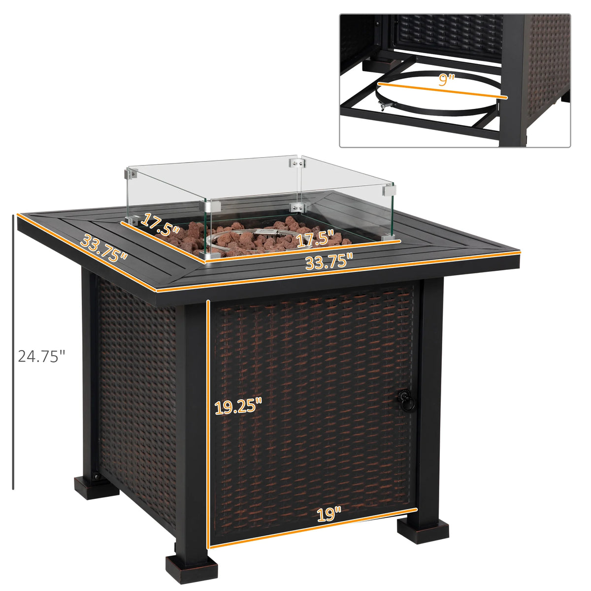 34 Inch Outdoor Propane Gas Fire Pit Table with Glass Wind Guard, Lid, Lava Rocks, Steel Base Z323570