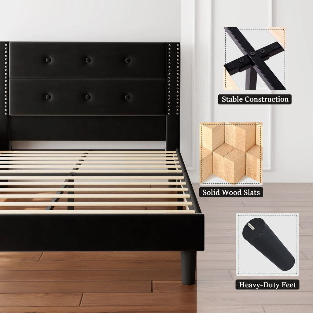 Queen Black Velvet Upholstered Platform Bed Frame with Tufting Headboard G39228