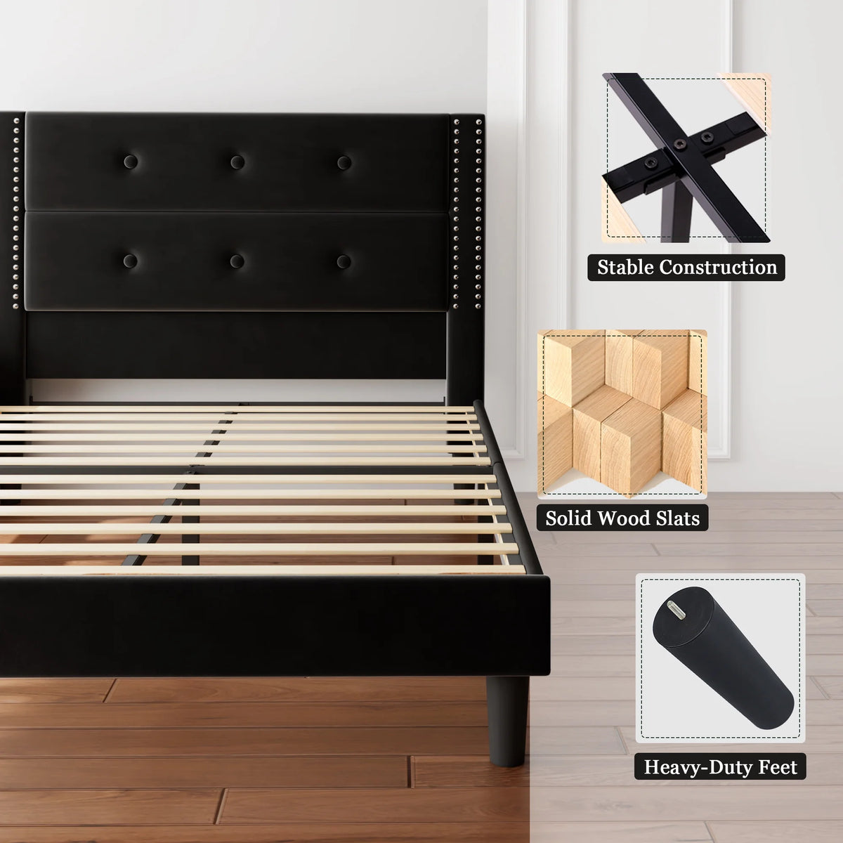 Queen Black Velvet Upholstered Platform Bed Frame with Tufting Headboard G39228