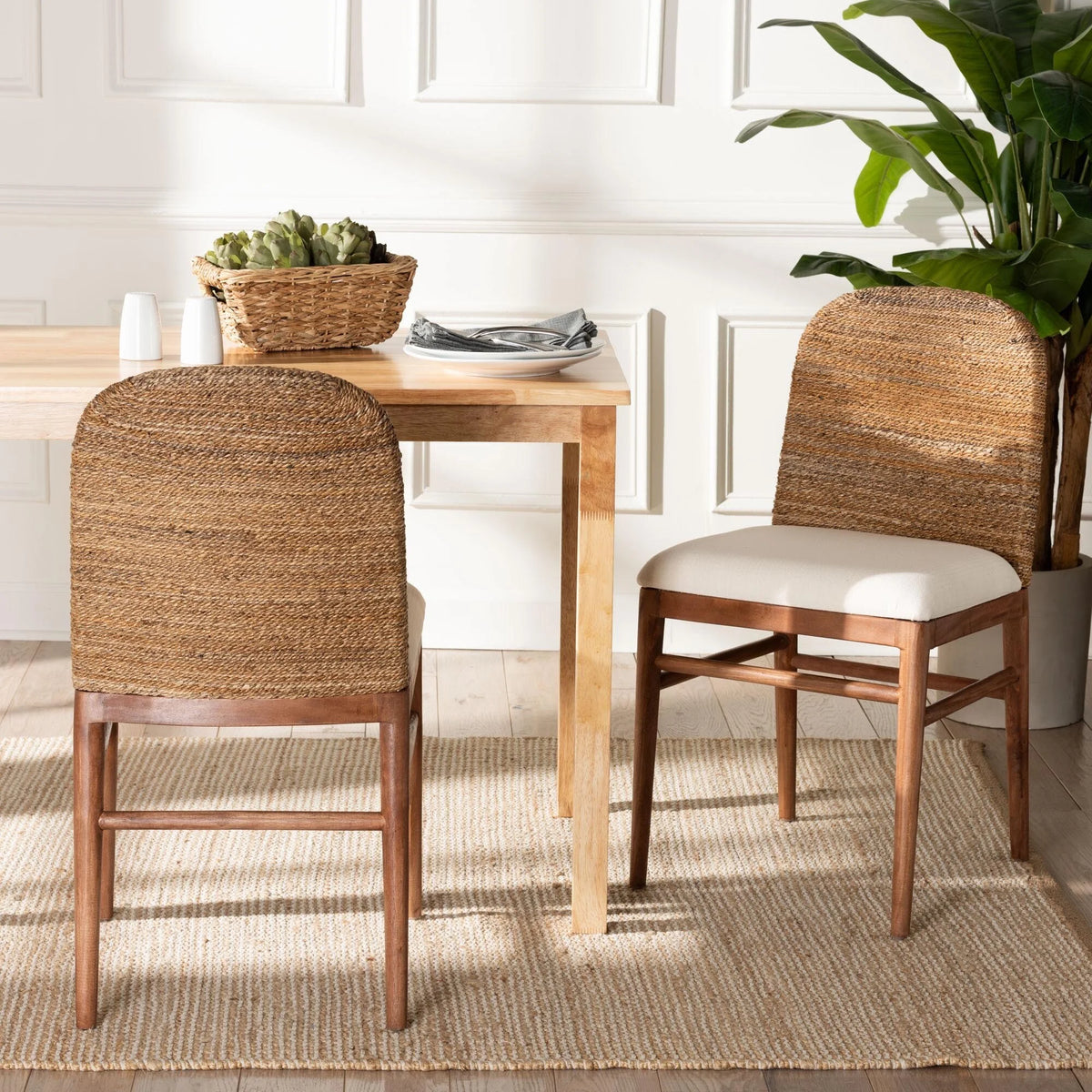 Natural Seagrass and Acacia Wood 2-Piece Dining Chair Set A413