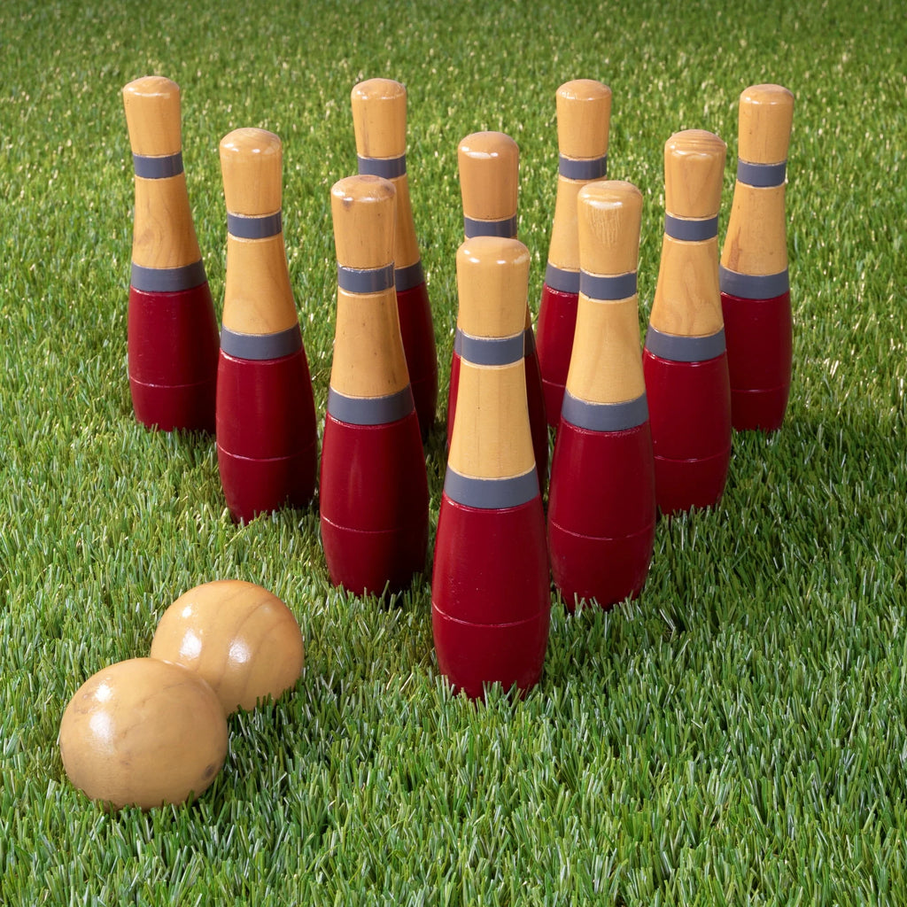 Lawn Bowling Game Set with 10 Wooden Pins, 2 Balls, and Mesh Bag Y30272