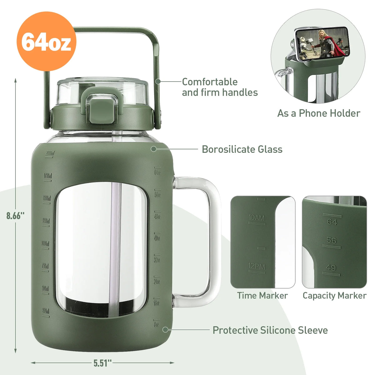 64oz Glass Water Bottle with Straw and Handle F97184