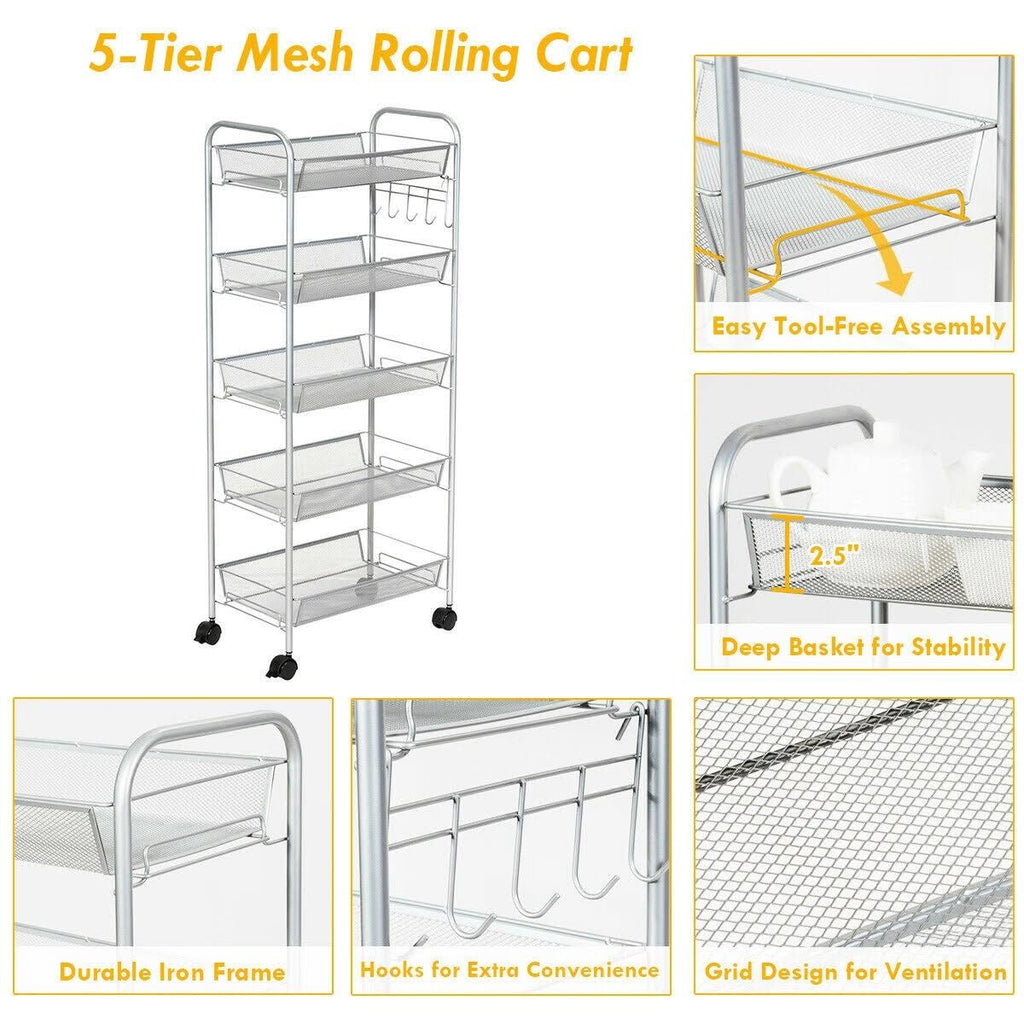 5 Tier Mesh Rolling Utility Cart Grey G69425