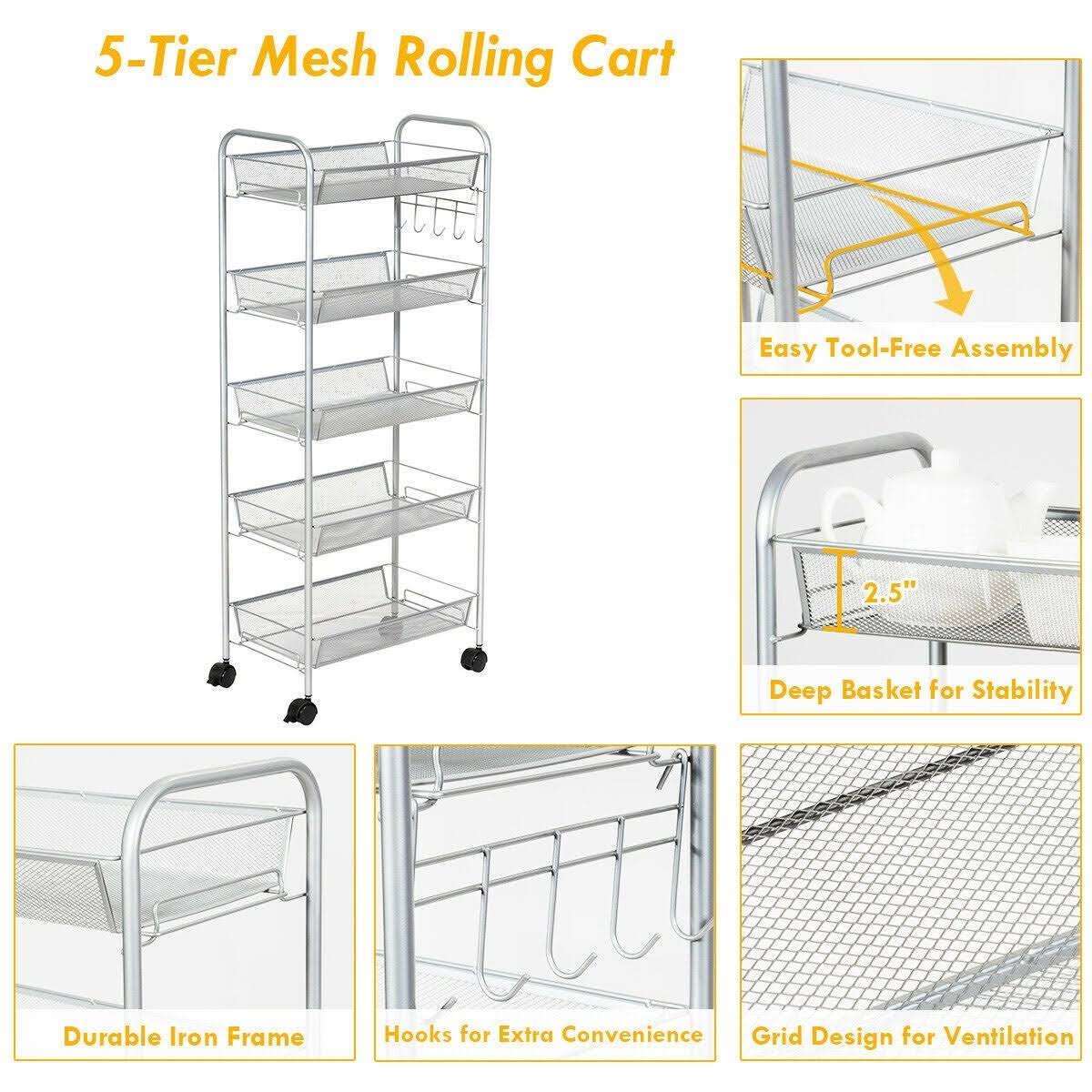5 Tier Mesh Rolling Utility Cart Grey G69425
