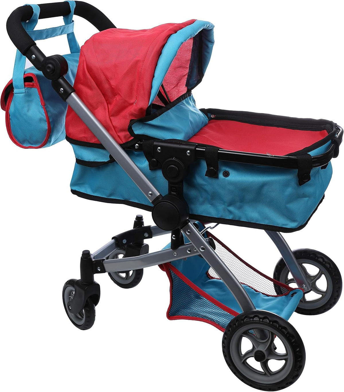 Red and Blue Deluxe Doll Pram with Swiveling Wheels and Adjustable Handle J426