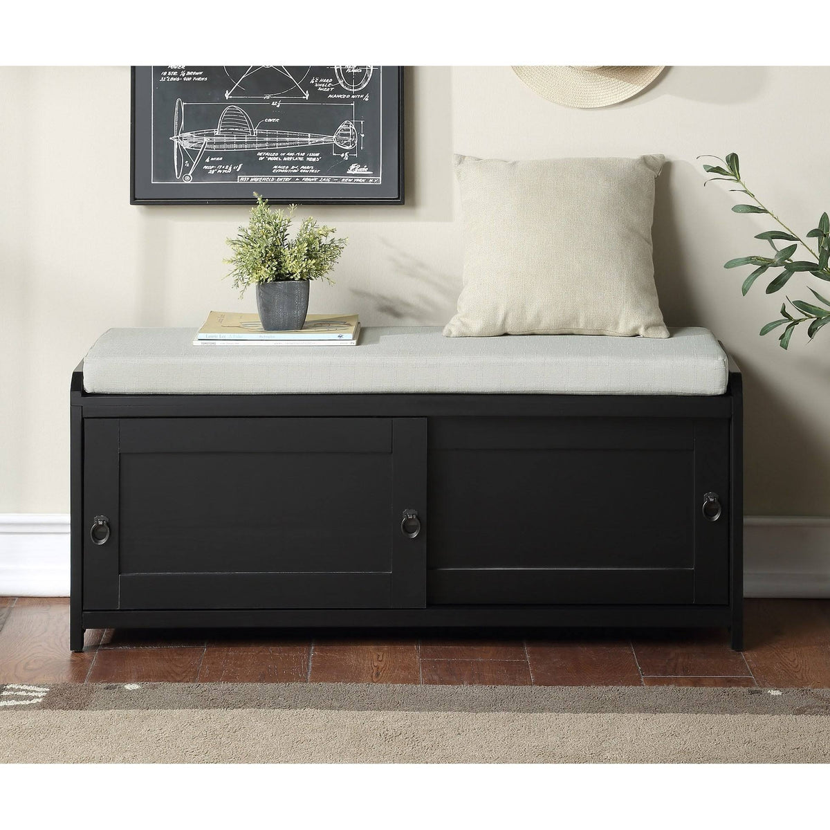 Wood Storage Bench with 2 Cabinets Black Z24582