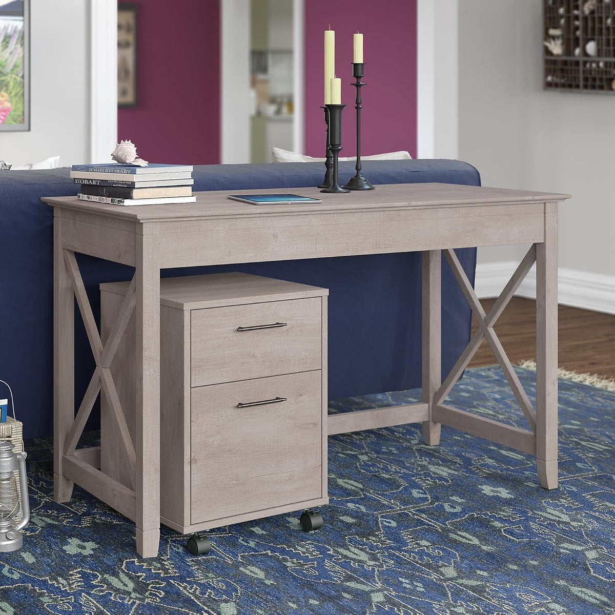 54W Computer Desk with Storage and 2 Drawer Mobile File Cabinet in Washed Gray W355918