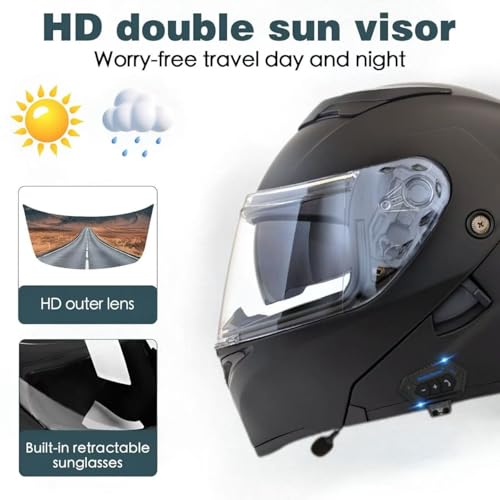 Motorcycle Bluetooth Modular Helmet, DOT Approved Flip Up Full Face Dual Visor Helmet, with Dual Speakers and Microphone E148552