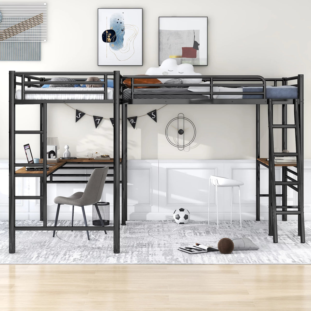 Twin Metal Loft Bed with Desk and Ladders O445298