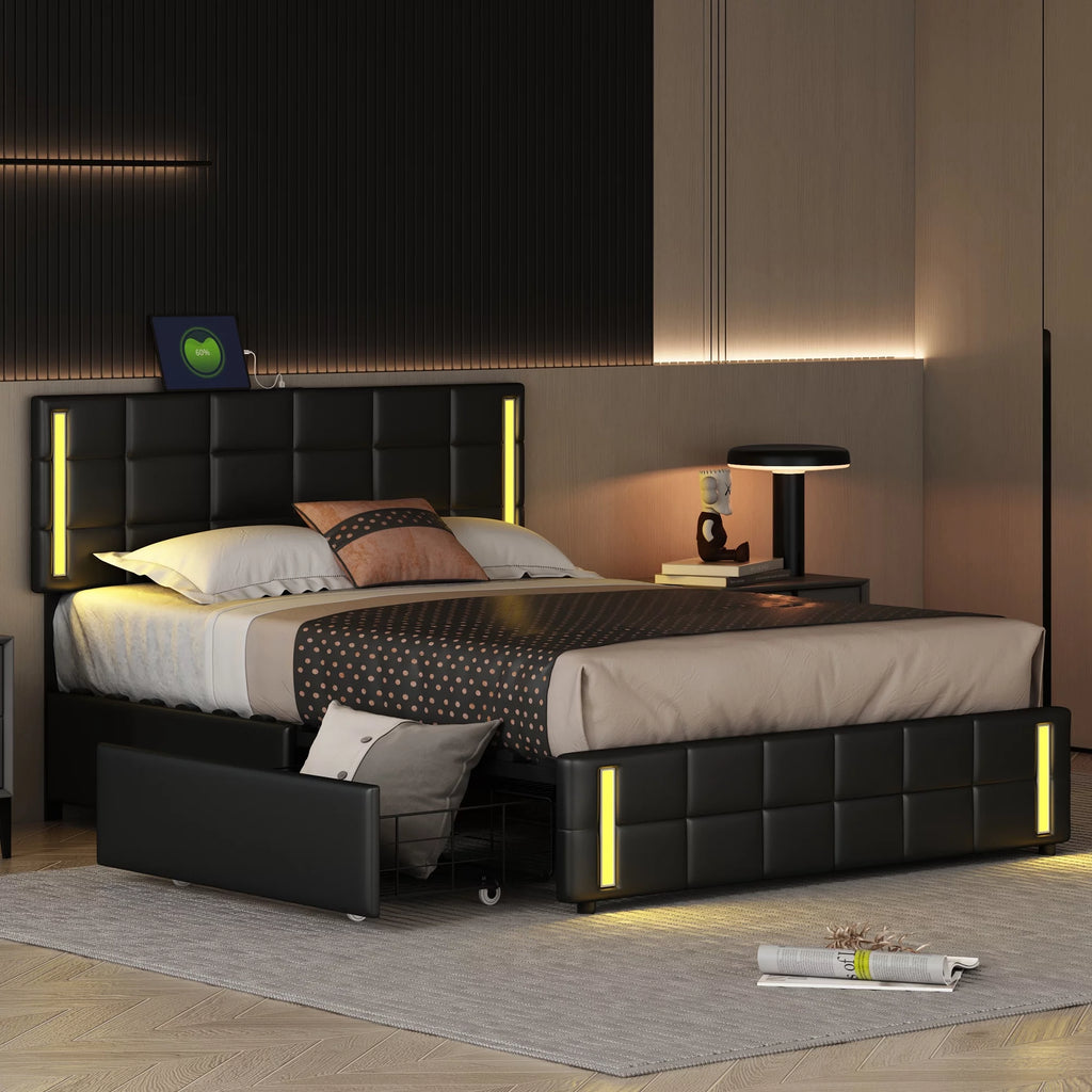 Queen Size Upholstered Platform Bed with LED Lights and USB Charging, 4 Drawers, Black Q64631