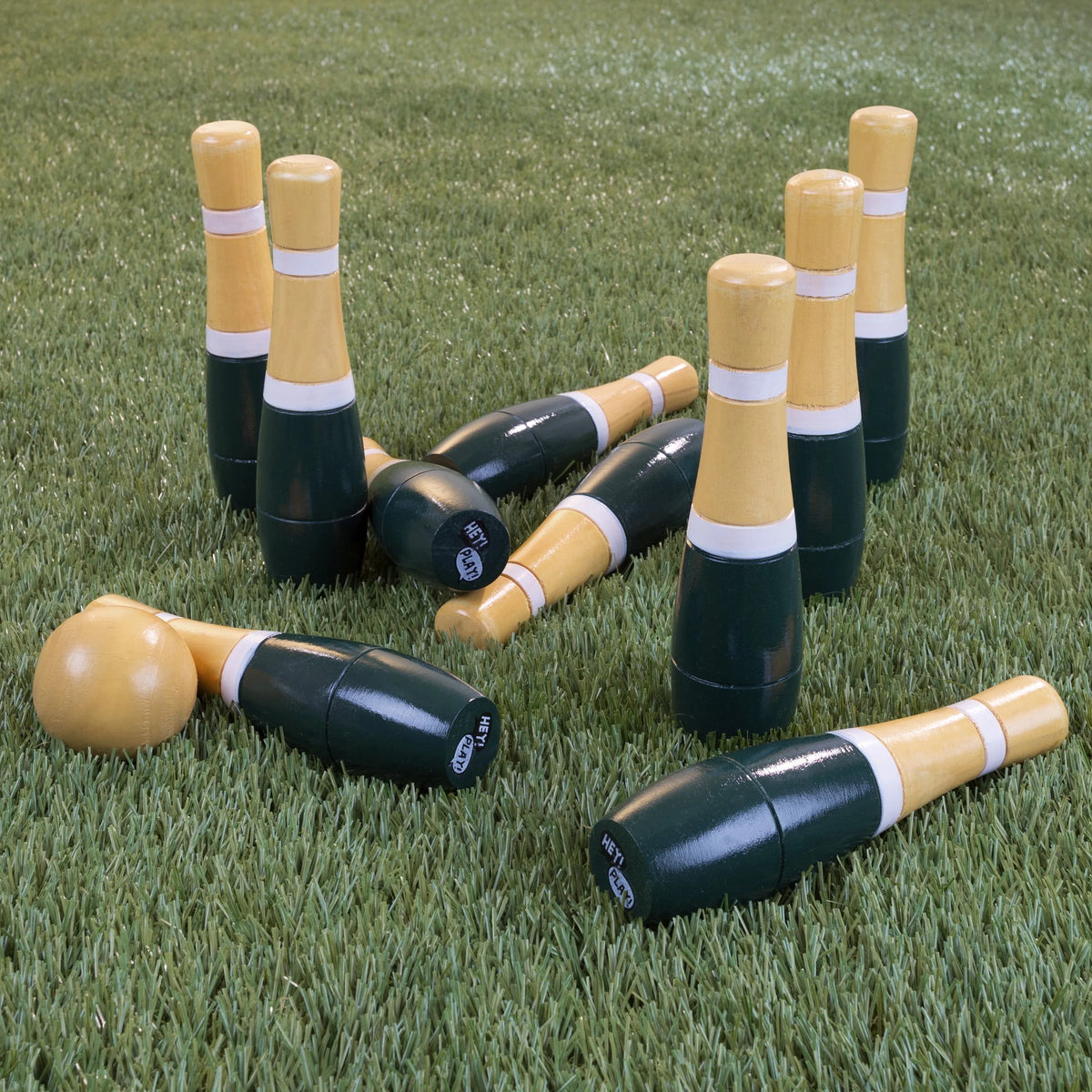 Lawn Bowling Game Set with 10 Wooden Pins, 2 Balls, and Mesh Bag Y30272