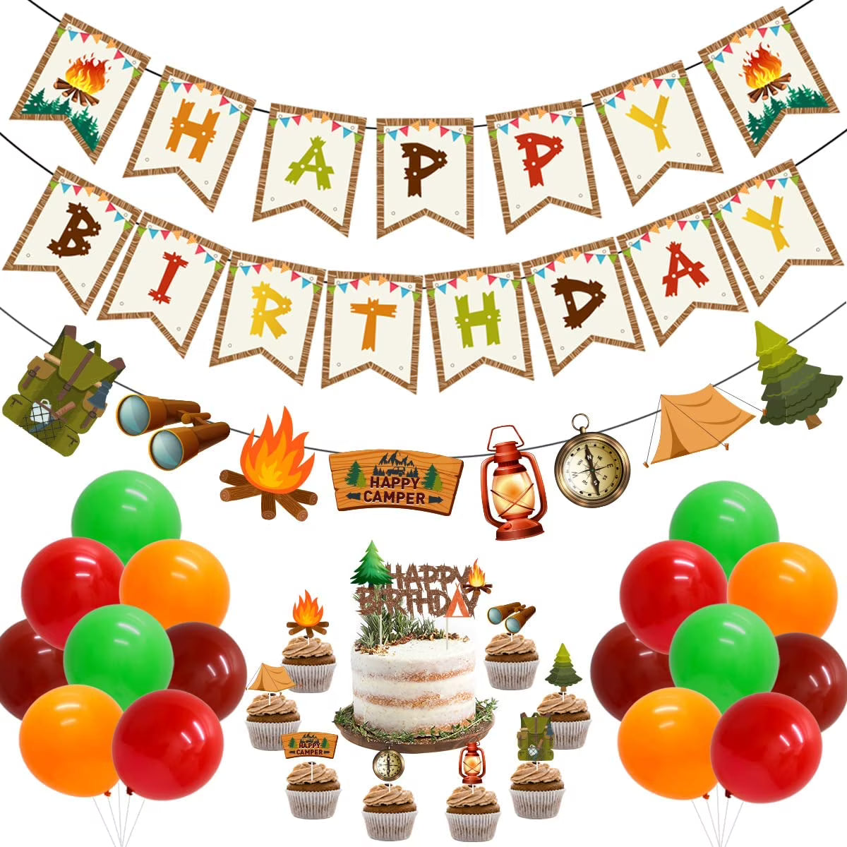 Camping Party Decoration Kit with Banner, Garland, Balloons, Cake Toppers B9485