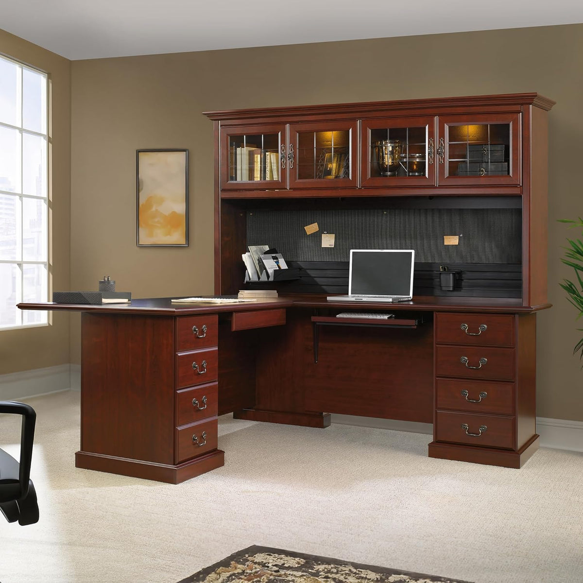 L-Shaped Desk with Hutch, Classic Cherry B28564