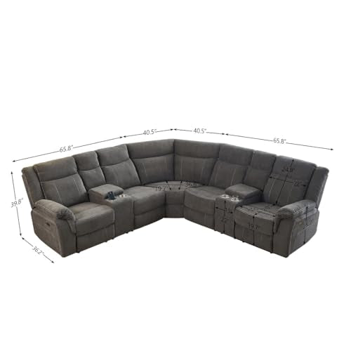 Grey Fabric Power Reclining Sectional Sofa with Cup Holders and Storage Console M5833