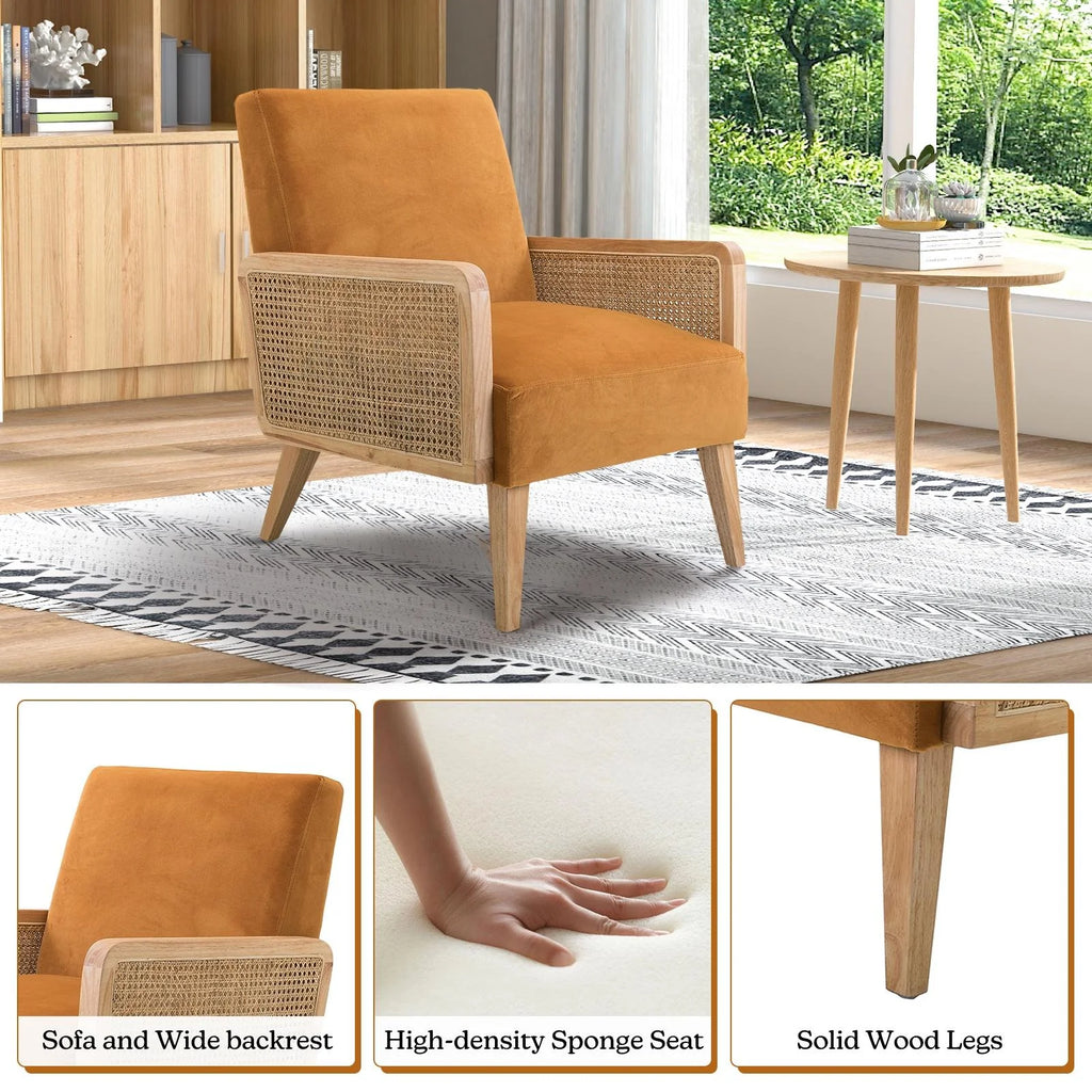 Yellow Fabric Upholstered Accent Chair with Rattan Armrests T286710
