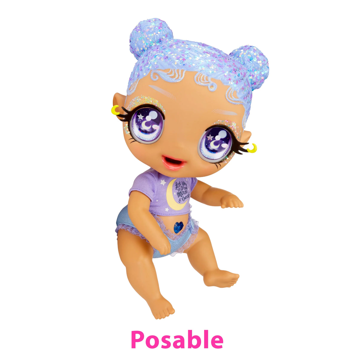 Pastel Purple Glitter Hair Baby Doll with Diaper, Bottle, Pacifier Accessories A1523