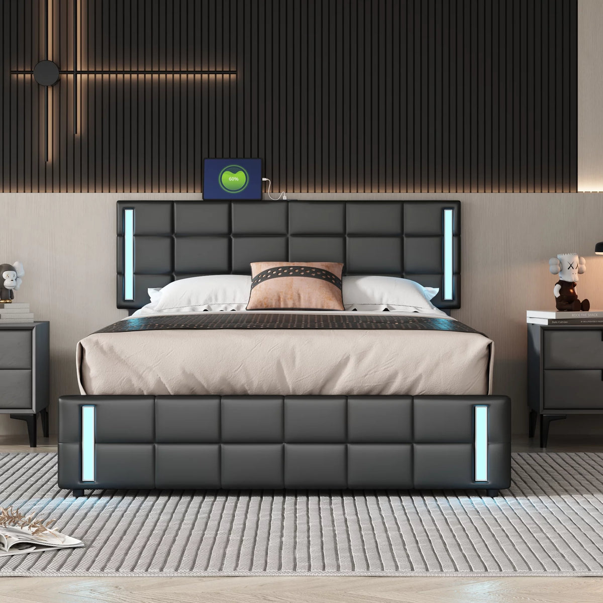 Queen Size Upholstered Platform Bed with LED Lights and USB Charging, 4 Drawers, Black Q64631
