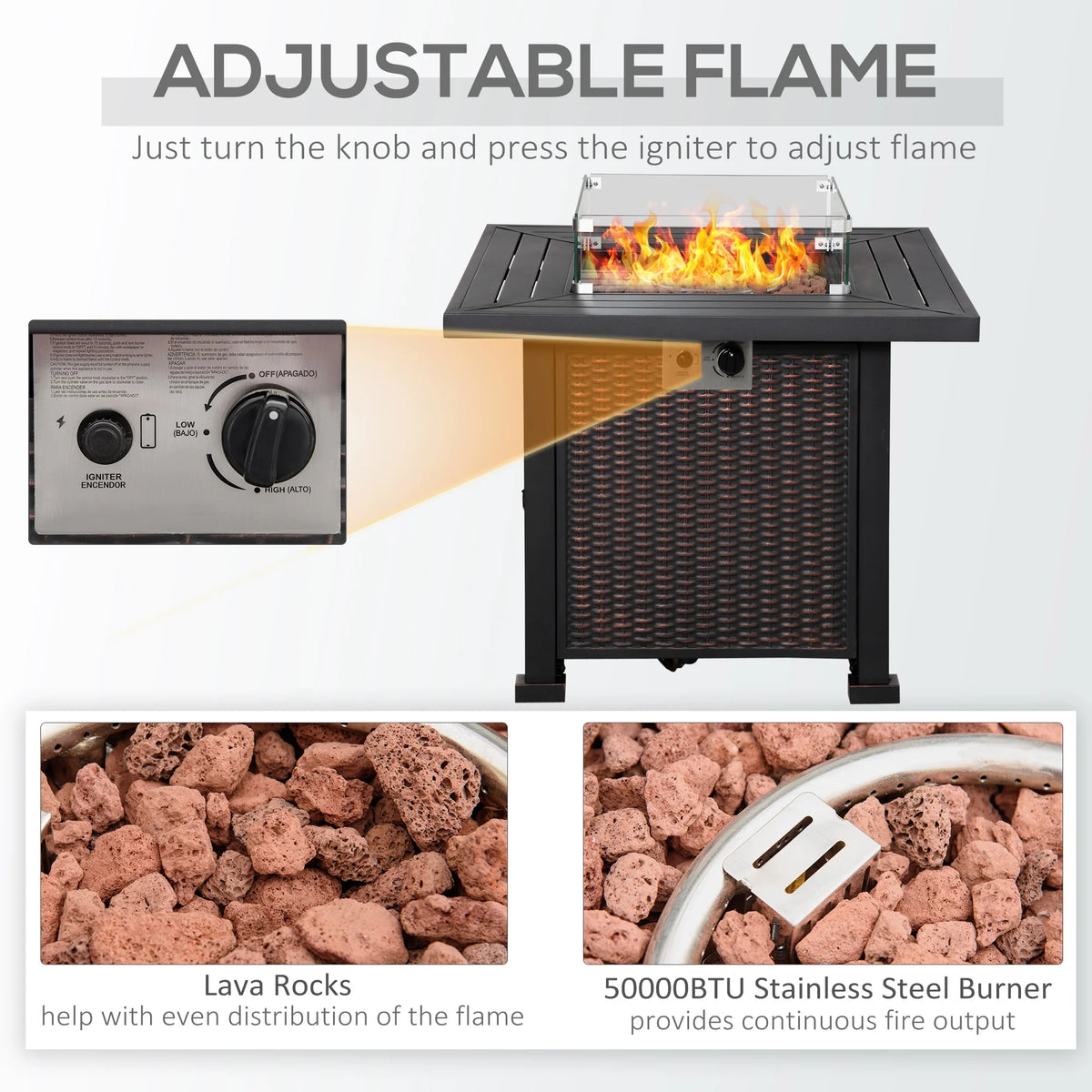 34 Inch Outdoor Propane Gas Fire Pit Table with Glass Wind Guard, Lid, Lava Rocks, Steel Base Z323570