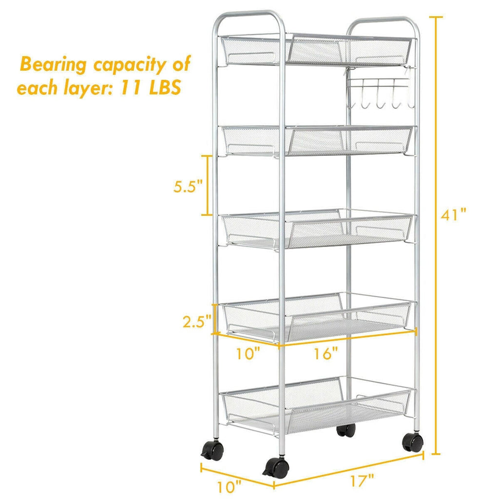5 Tier Mesh Rolling Utility Cart Grey G69425